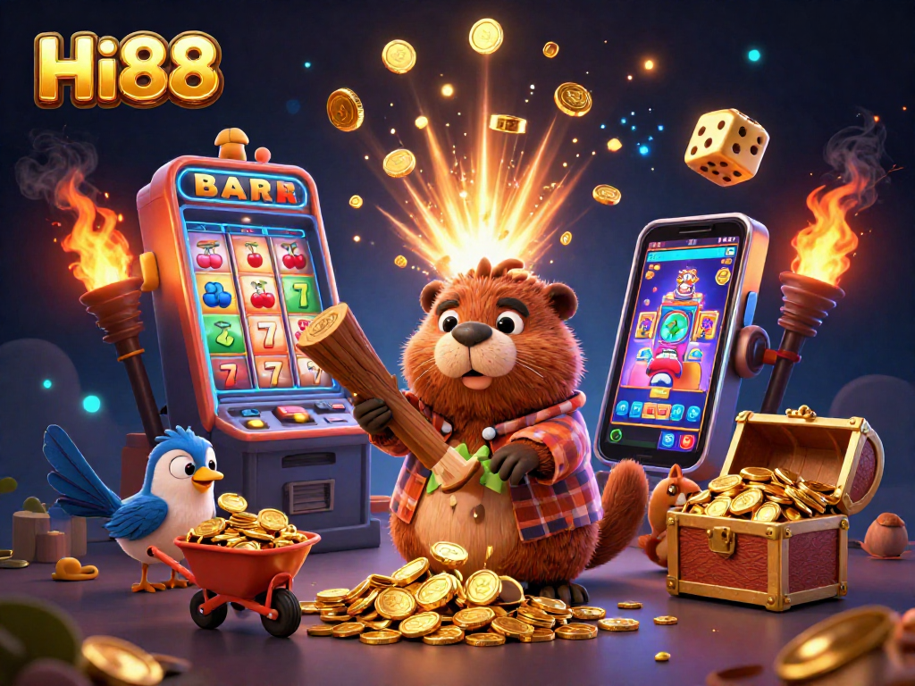 Experience thrilling gaming at Hi88 with a cartoon beaver amidst gold coins and jackpots.