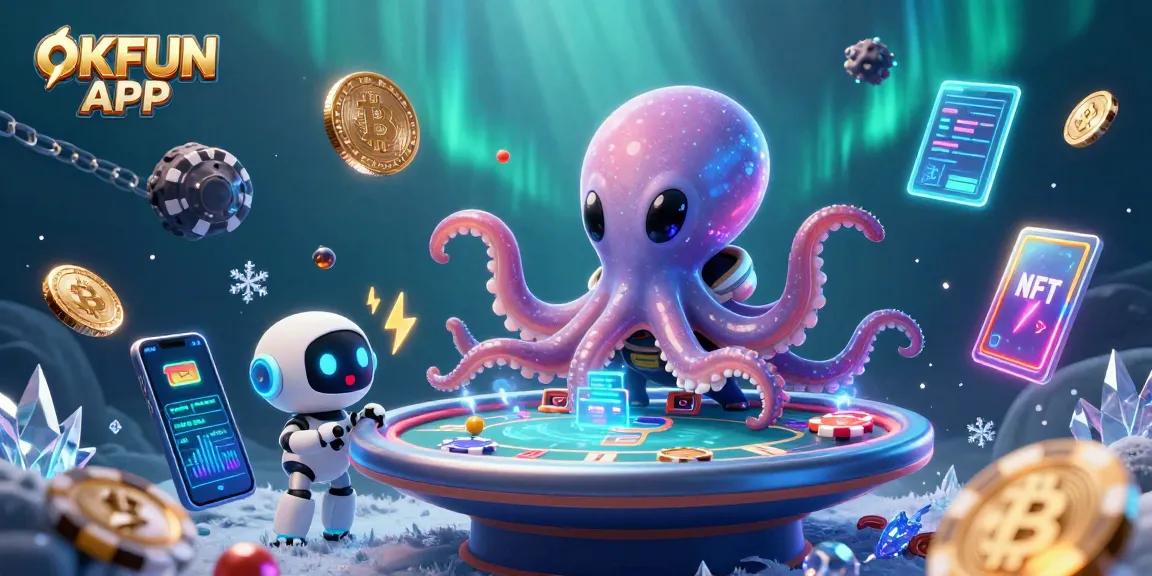 Engage with the exciting OKFUN APP as an alien octopus hosts a holographic poker game surrounded by crypto elements.