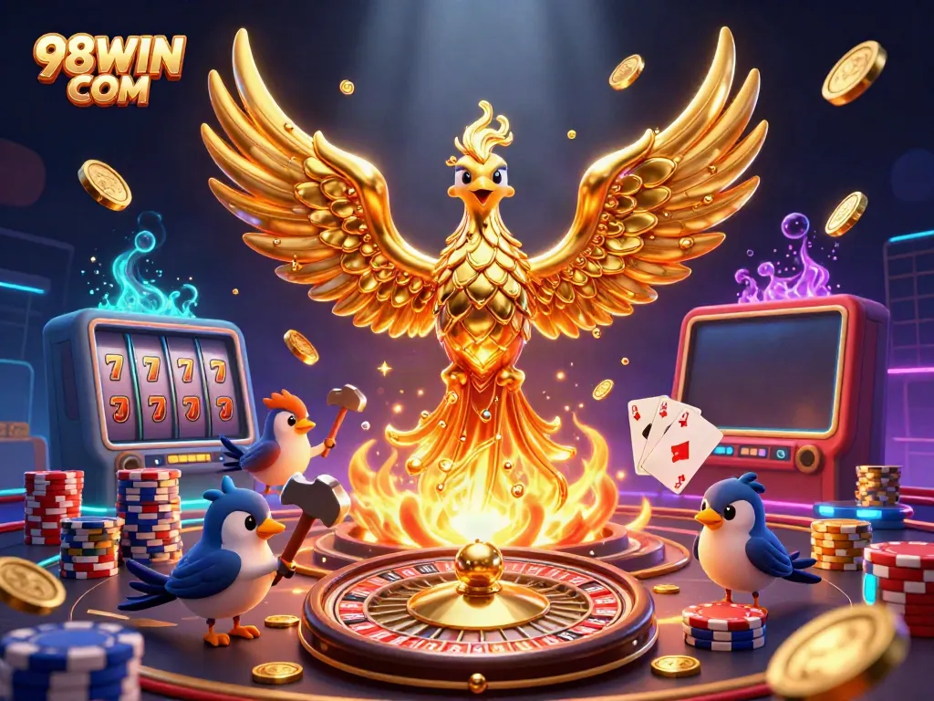 Engage with thrilling gameplay at 98WIN COM with a golden phoenix and casino elements in vibrant 3D.