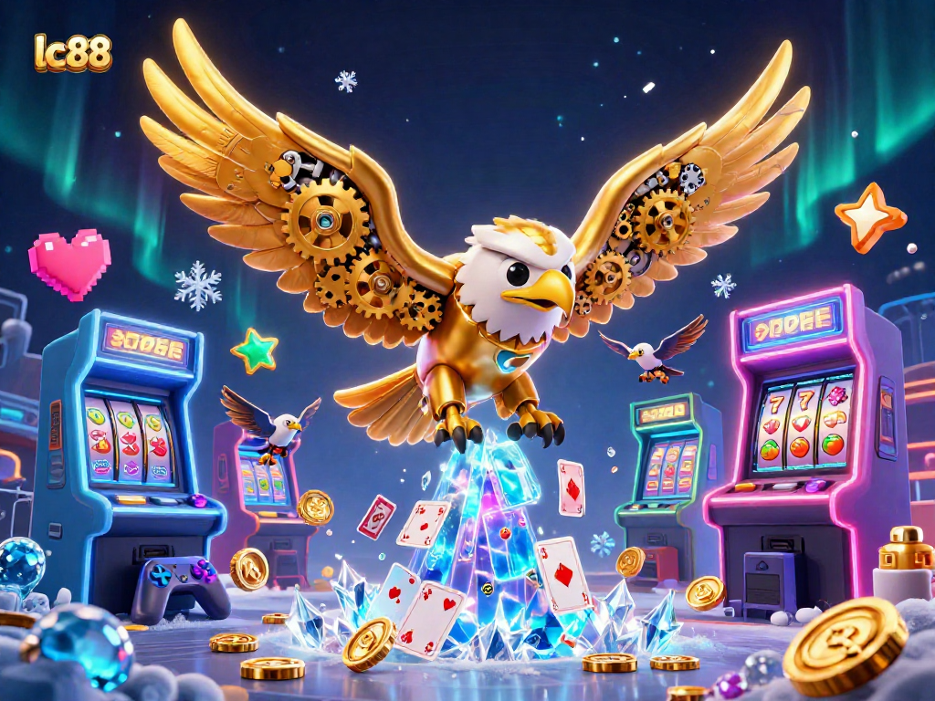 Experience thrilling moments at lc88 with a vibrant illustration of a cybernetic eagle diving through holographic cards.