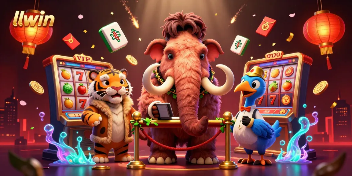 llwin bouncer checks IDs as a saber-tooth tiger enters a vibrant casino scene with dynamic gaming elements