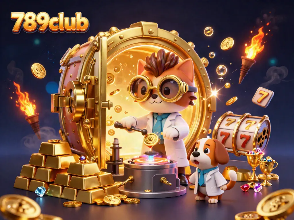 Join the fun at 789club with a mad scientist cat and dog in a gold-filled casino lab scene.