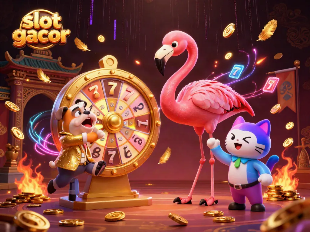 Engage with slot gacor excitement in this vibrant digital scene featuring a flamingo host, bulldog contestant, and cat assistant.