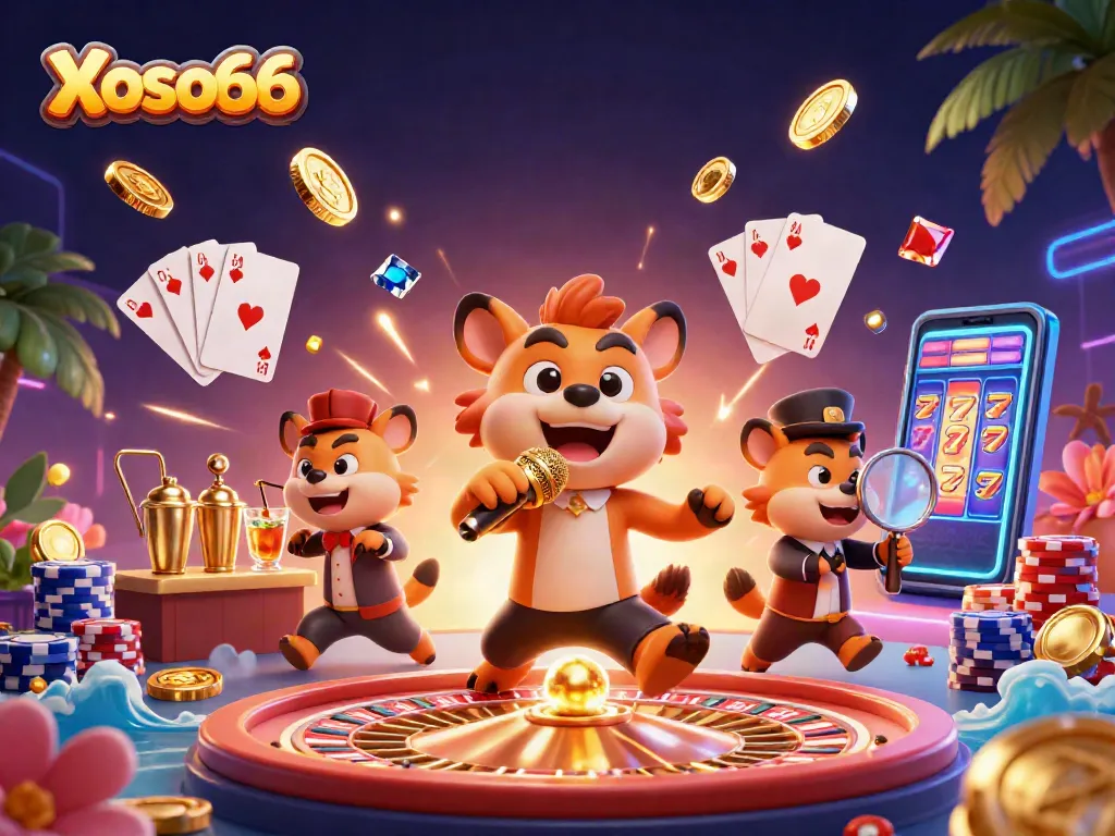 Xoso66 showcases a vibrant comedy casino scene with hyenas featuring slots, poker, and gold coins.