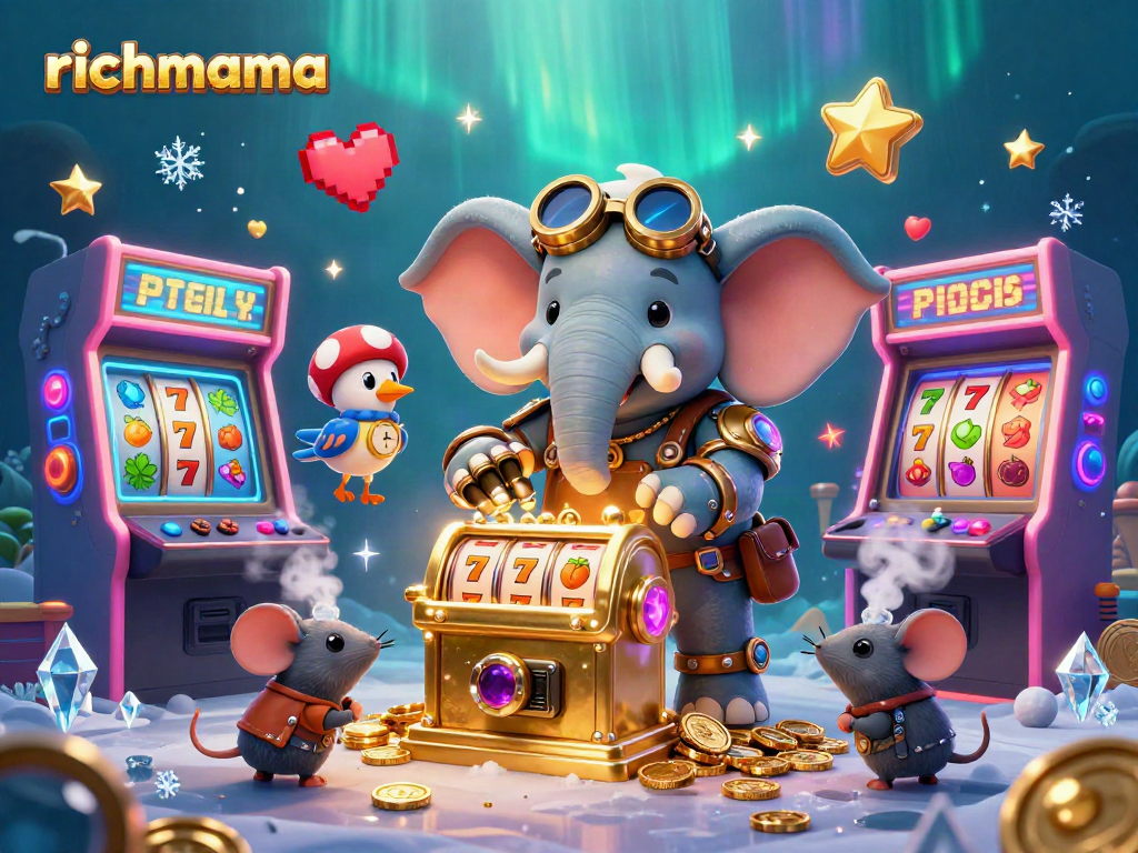 Engage with richmama's vibrant casino scene featuring a steampunk elephant at a golden slot machine.