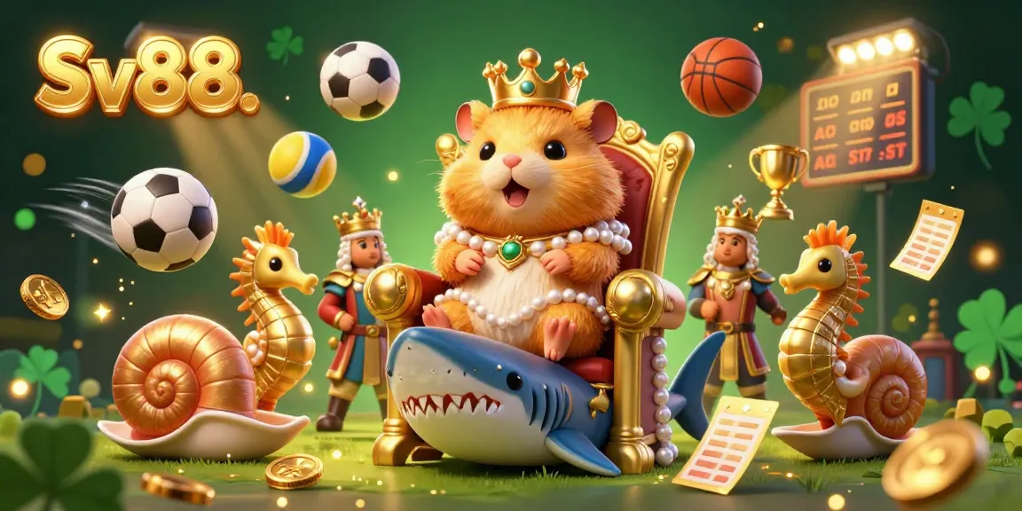 Engage in thrilling gambling at Sv88 with a dynamic scene of a hamster king, seahorse guards, and lively sports elements.
