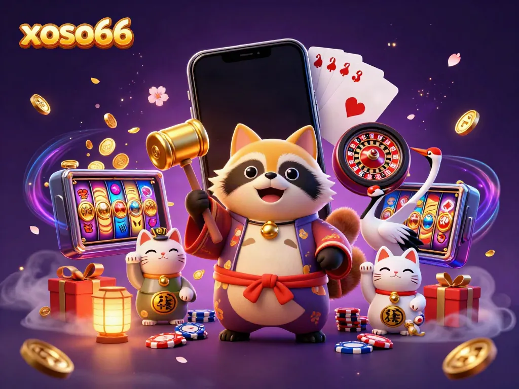 Experience the excitement of xoso66 with a cheerful tanuki and vibrant casino elements.