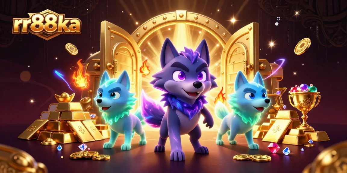 Explore exciting games at rr88ka showcasing luminous wolves and golden treasures in a stunning illustration.