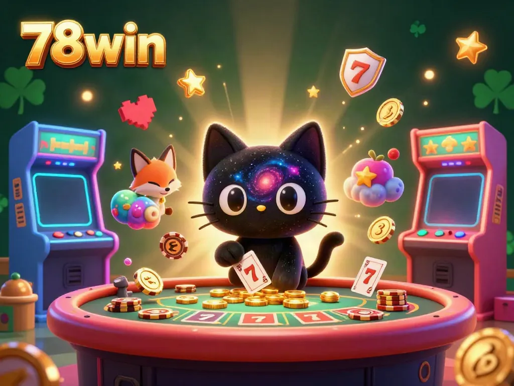 Engage in fun gaming with 78win amidst extraordinary cosmic visuals of a black hole cat and vibrant characters.
