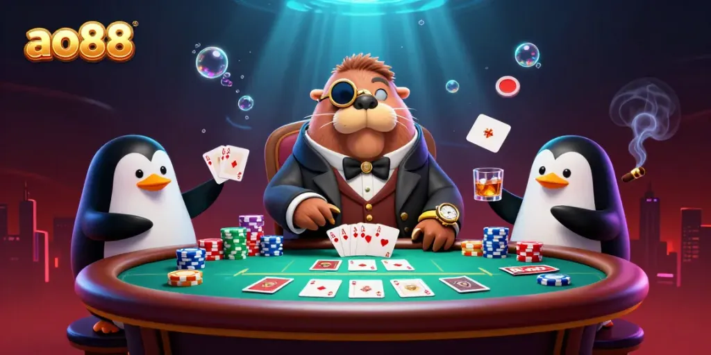 Experience action at the AO88 poker table with a walrus and friends in an engaging underwater scene.