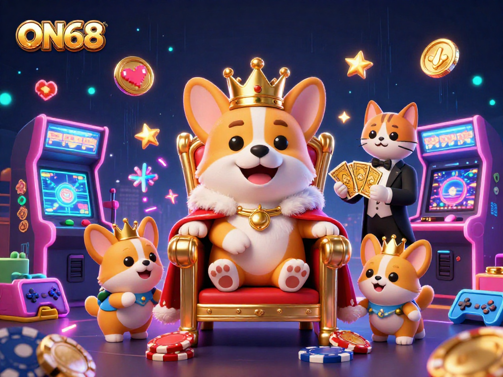 Experience thrilling gaming at ON68 with corgi royalty and neon elements lighting up the scene!