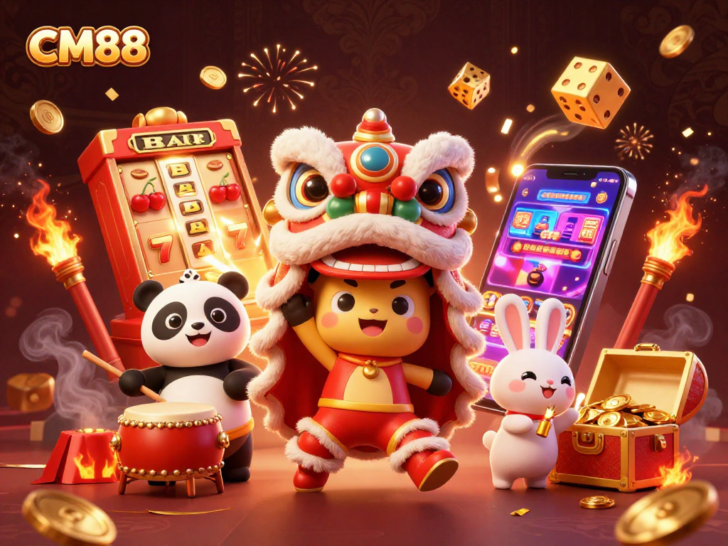 Join CM88 for an exciting lion dance with jackpot fun, colorful casino games, and vibrant decorations.