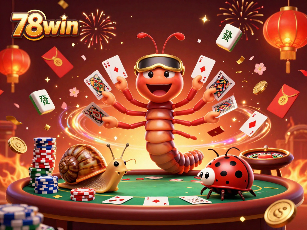 Engage in thrilling poker action with 78win's festive casino atmosphere featuring colorful characters.