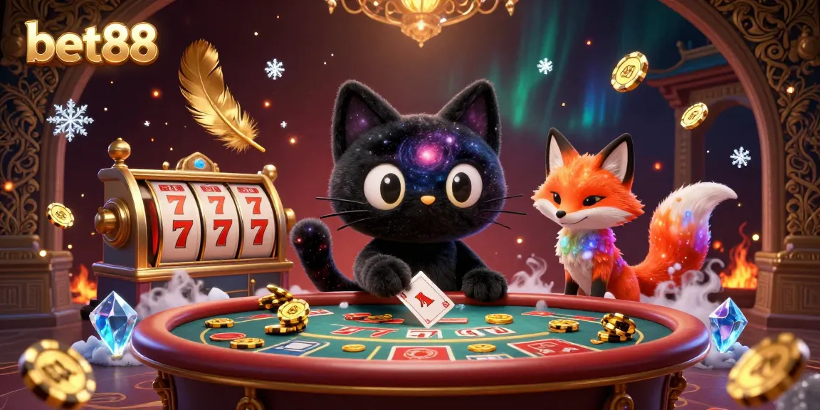 Join the fun at bet88, featuring a cosmic casino scene with a black hole cat and a nebula fox.