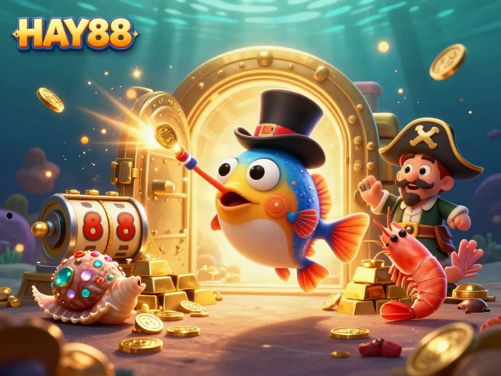 Engage in thrilling gameplay with HAY88, featuring dynamic slot reels and a pirate shrimp lure.