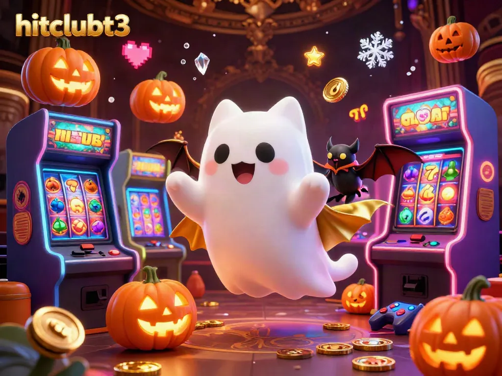 Engage with hitclubt3's vibrant casino fantasy featuring a ghost cat and arcade machines.