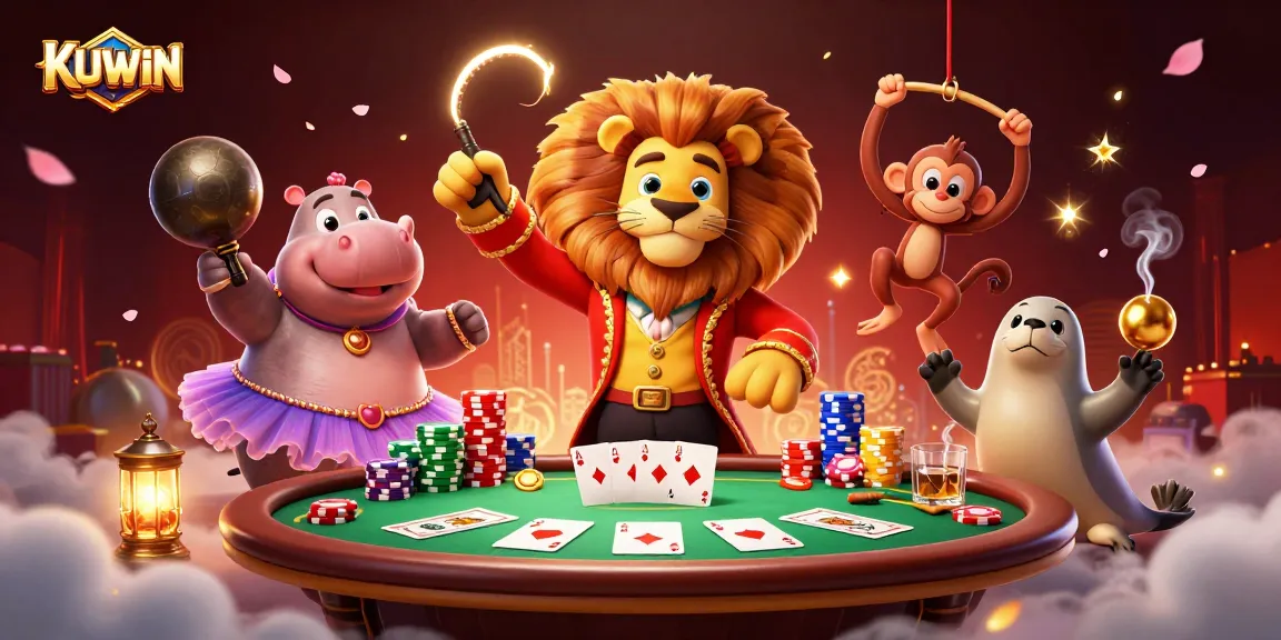 KUWIN showcases a vibrant 3D cartoon scene with poker elements and playful characters.