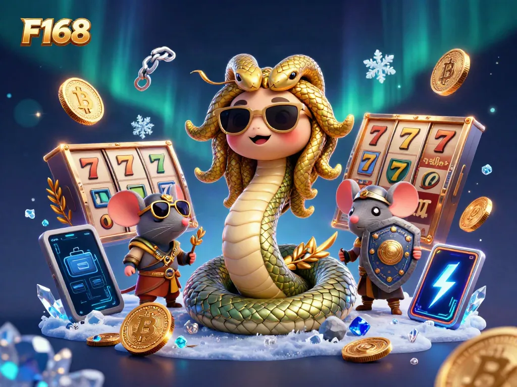 Experience the vibrant excitement of F168 with a lively casino scene featuring Medusa and a warrior mouse.