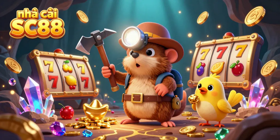 Engage in thrilling games at nhà cái SC88 with vibrant slot reels and treasures in a fun casino scene.