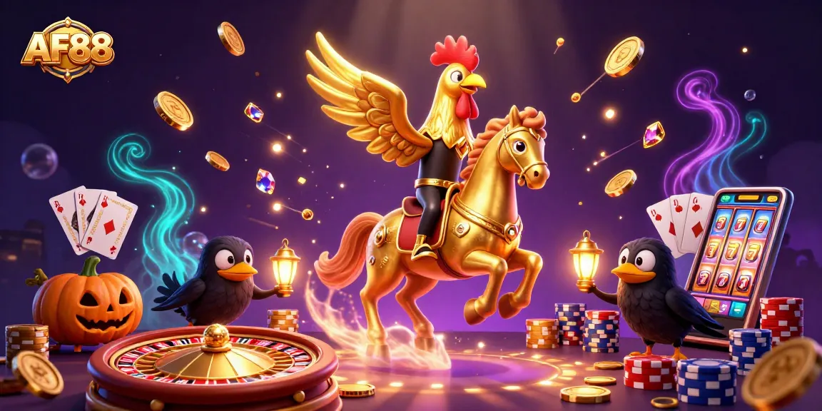 Join the thrilling AF88 adventure with a golden rooster and magical companions in a vibrant casino scene.