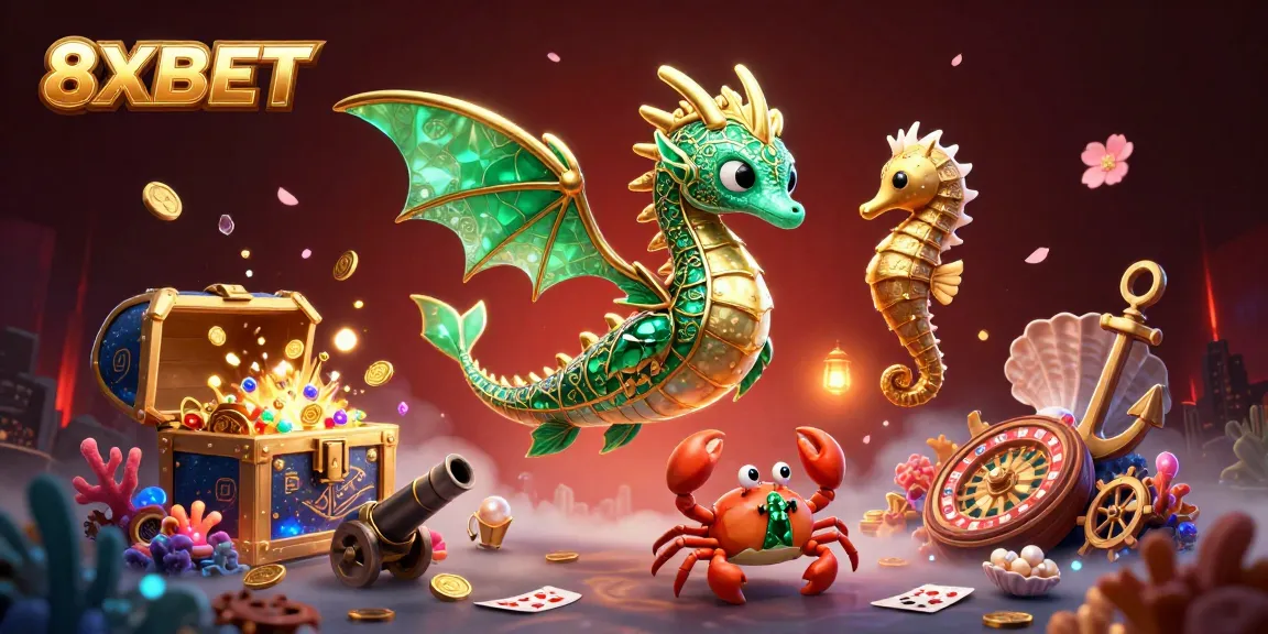 Engage in thrilling gameplay with 8XBET's vibrant casino-themed underwater scene featuring dynamic characters and rich visual detail.