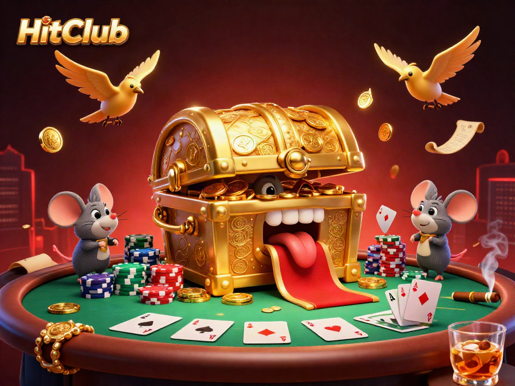Experience thrilling poker action at HitClub with an alluring treasure chest illustration.