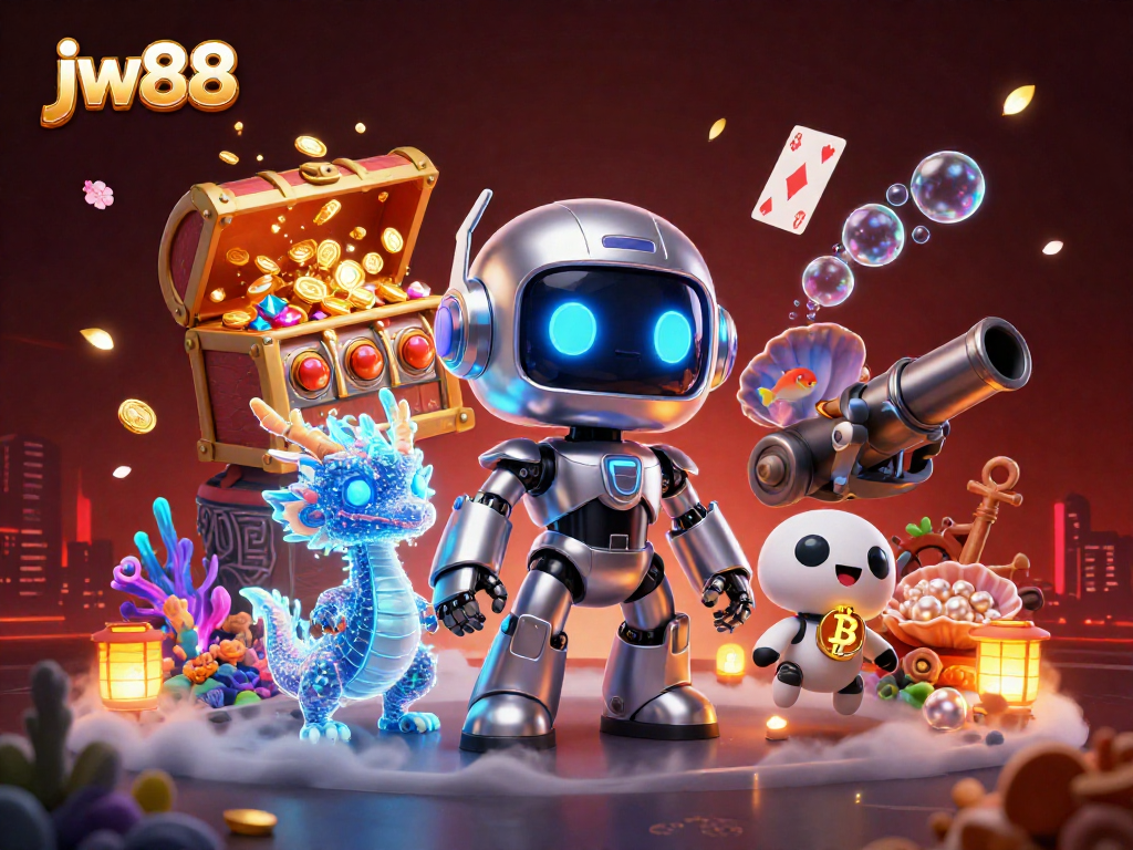 Experience the excitement of jw88 casino with vibrant characters, slots, and treasure in a dynamic scene.