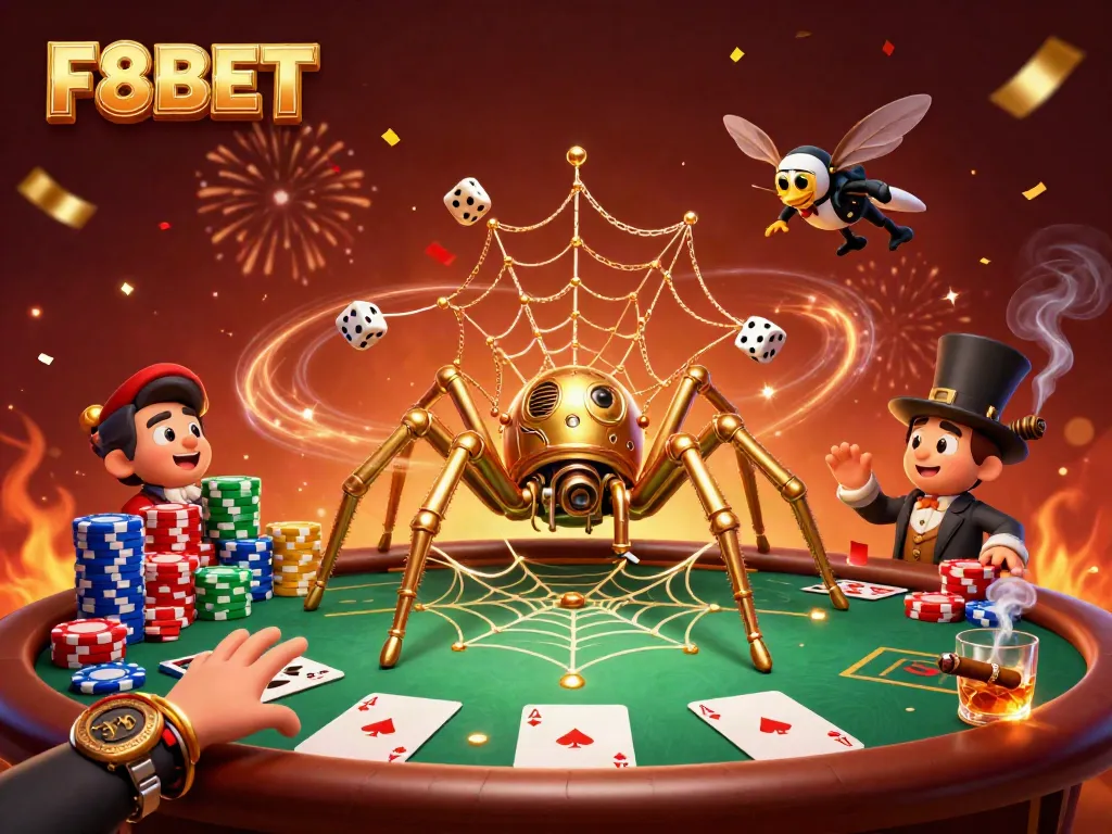 Experience thrilling moments with F8BET as a steampunk spider weaves golden webs at an engaging poker table.