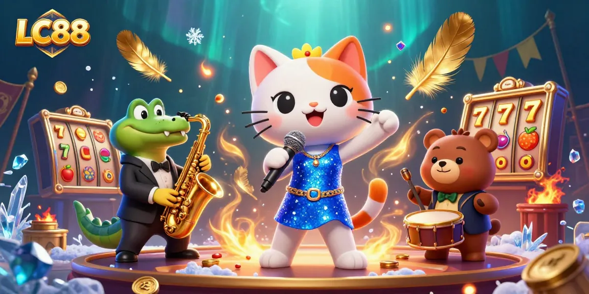 Enjoy gaming excitement at LC88 with vibrant characters and casino elements swirling around.