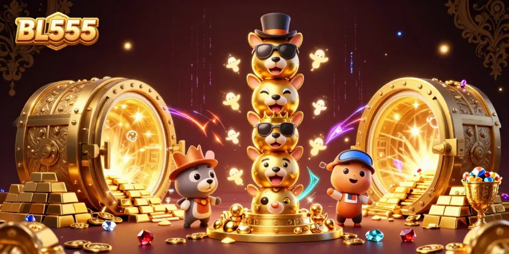 Engage with BL555's vibrant casino experience featuring lively 3D characters and golden treasures.