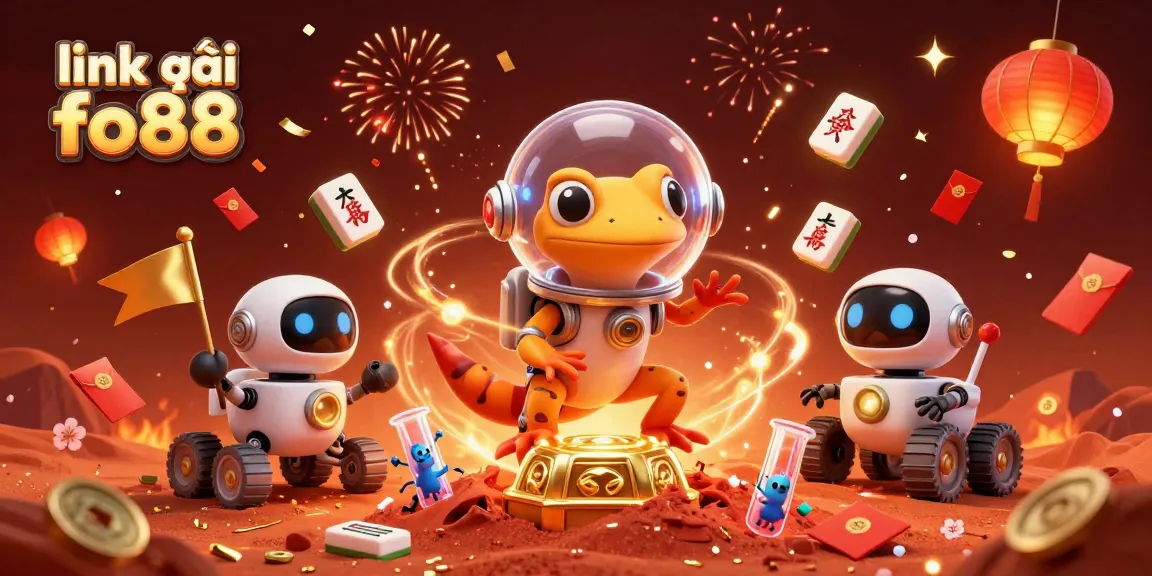 Spin and win at link vào fo88 with this vibrant 3D casino scene featuring playful geckos and lucky symbols.