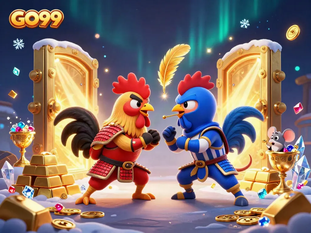Engage in thrilling combat at GO99 with feisty roosters in a dramatic casino showdown.