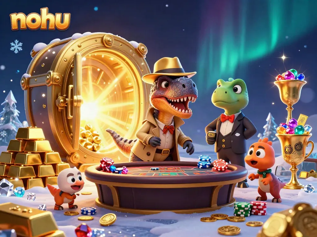 Experience nohu through a vibrant 3D scene of playful dinosaur characters engaged in casino thrills.