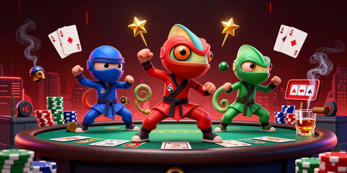 Experience thrilling gameplay with BL555's vibrant chameleon heroes at a dynamic casino poker table.