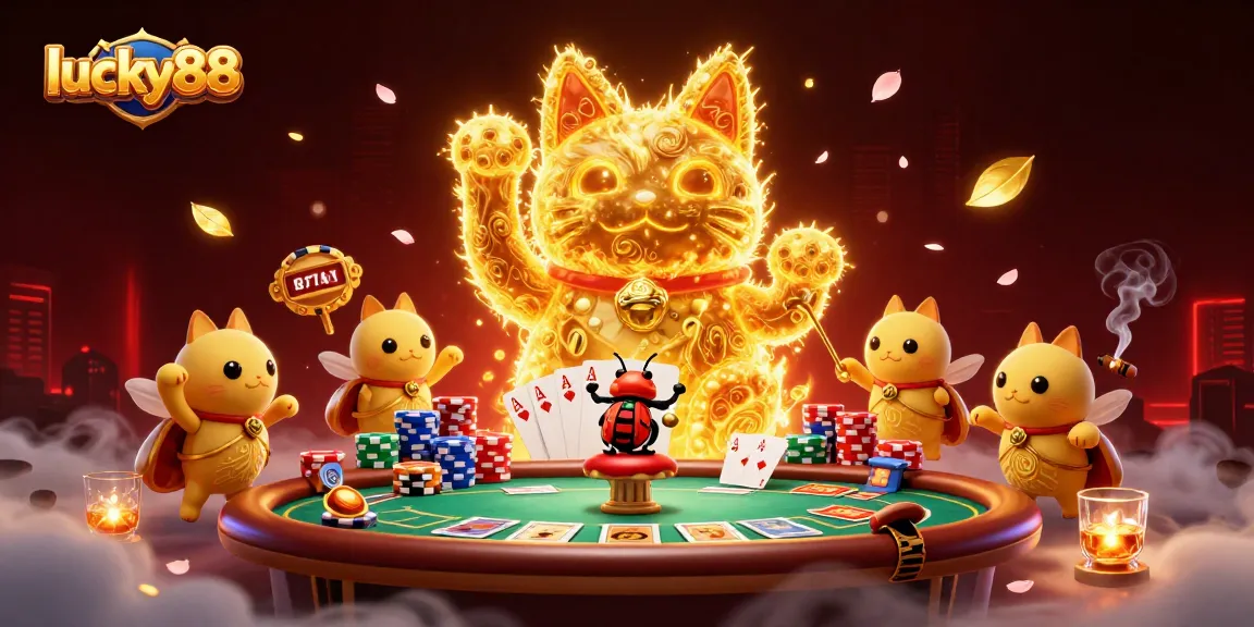 Engage with lucky88 as a vibrant illustration showcases a magical lucky cat formed by golden fireflies.