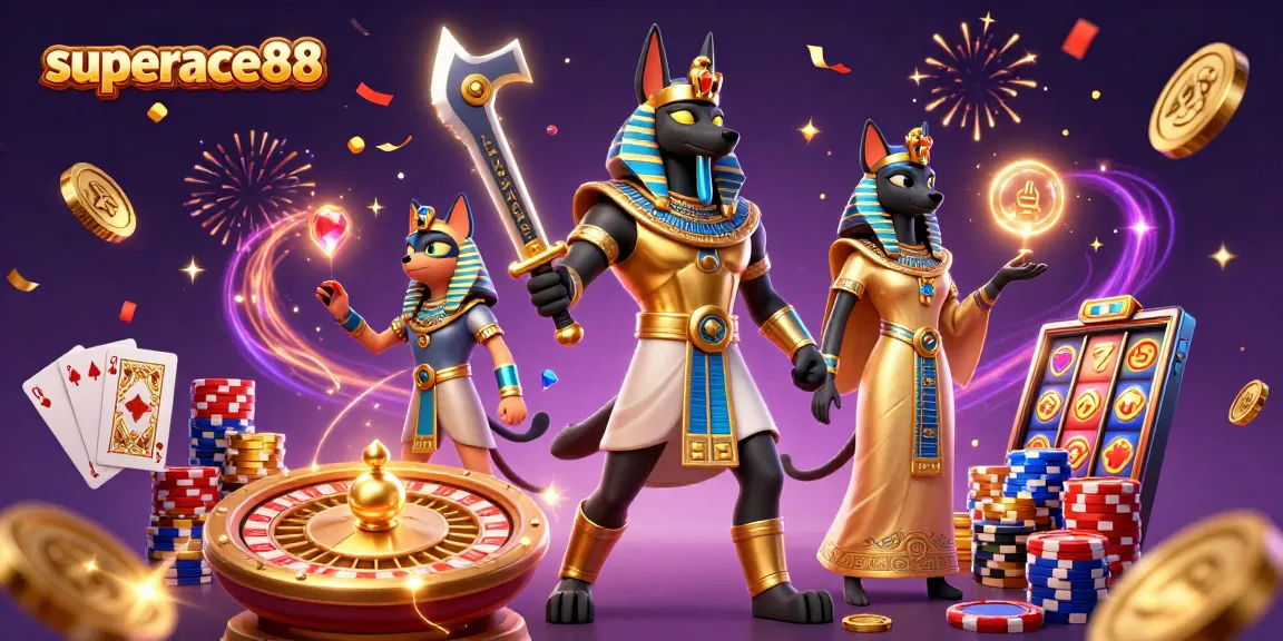 Experience thrilling gameplay at superace88 with ancient Egyptian characters and casino elements in a vibrant scene.