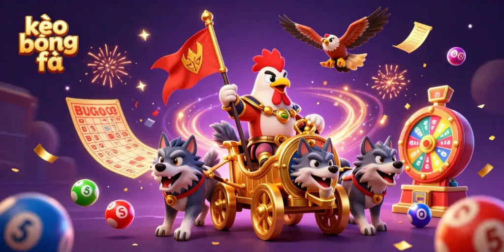 Engaging kèo bóng đá scene with a cartoon rooster warlord, lottery elements, and vibrant colors.