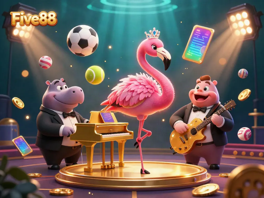 Experience the thrill of gambling with Five88 in this vibrant 3D casino scene.