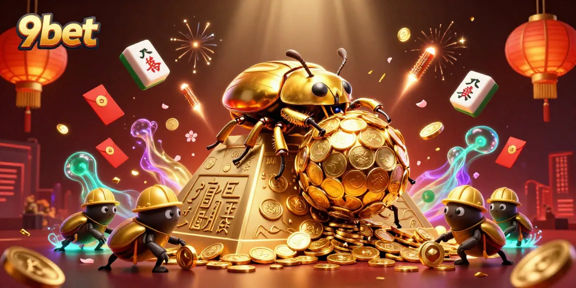 Experience the excitement of 9bet with a vibrant 3D casino illustration featuring golden beetles and rich symbols.