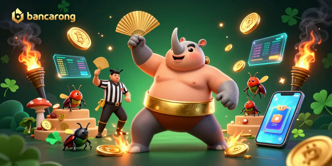 Experience the excitement of bancarong with playful characters and crypto elements in a vibrant casino scene.