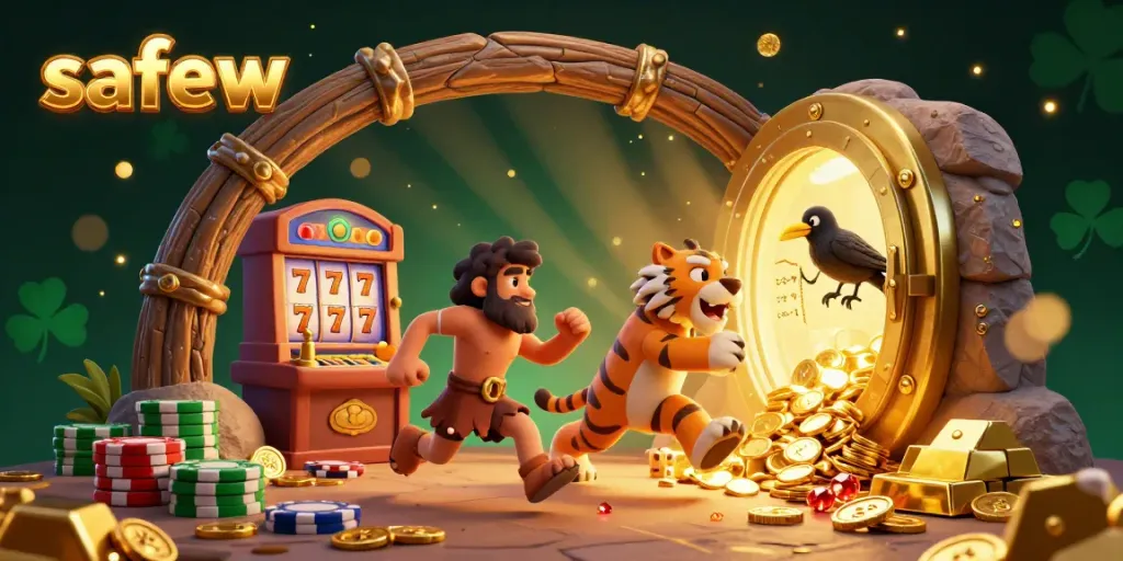 Experience the thrill of safew casino action with prehistoric-themed characters and vibrant slot machines.