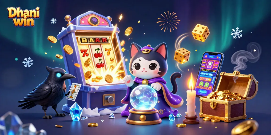 Dhani win fortune teller cat and raven promote thrilling slot games with vibrant visuals.