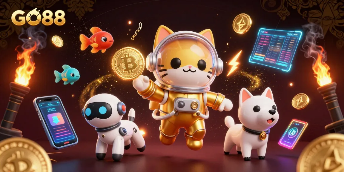 Engage with GO88's vibrant casino universe, where a space cat explores a nebula of golden gaming excitement.
