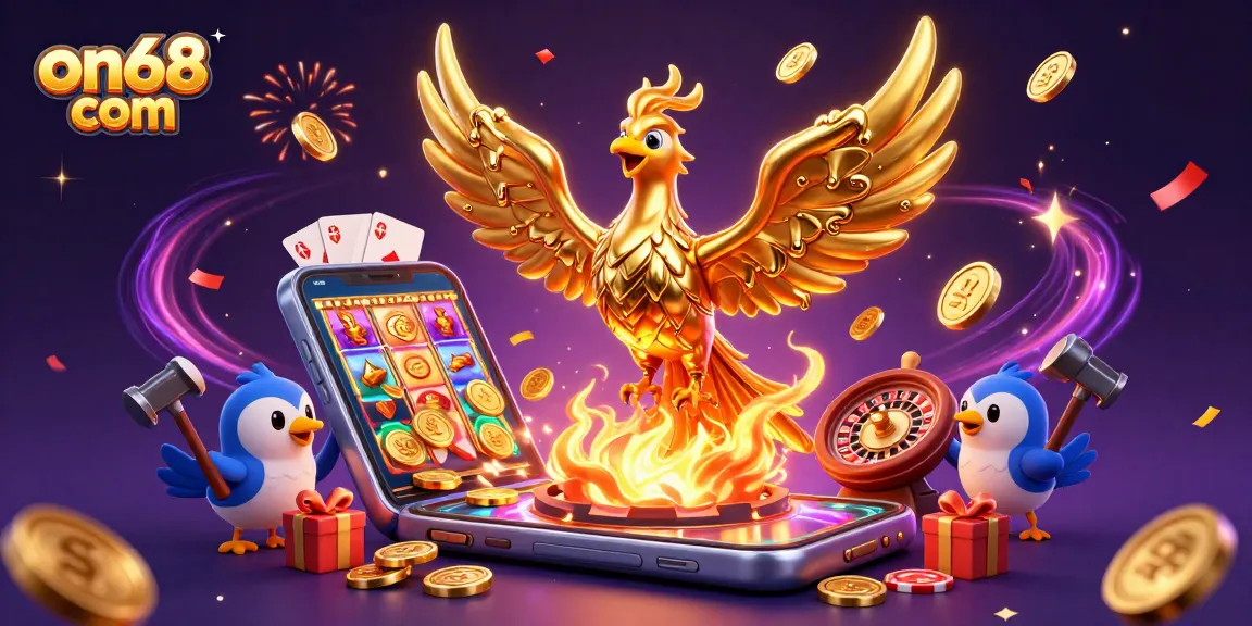 Experience winning on68 com with an exciting 3D phoenix illustration showcasing vibrant casino elements and celebratory effects.