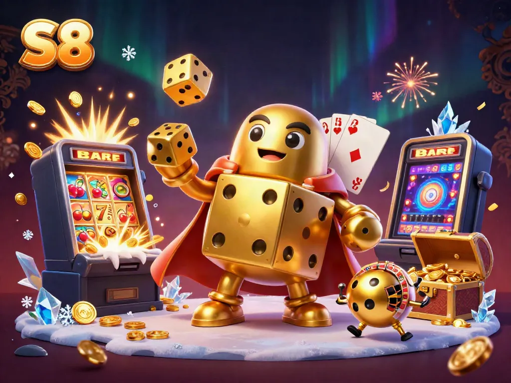 S8 golden dice golem surrounded by casino elements, showcasing excitement in gambling.