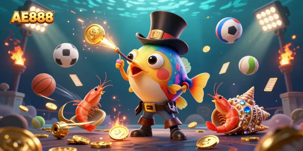 Experience the thrill of AE888 with a vibrant underwater casino scene featuring unique characters and dynamic gaming elements.