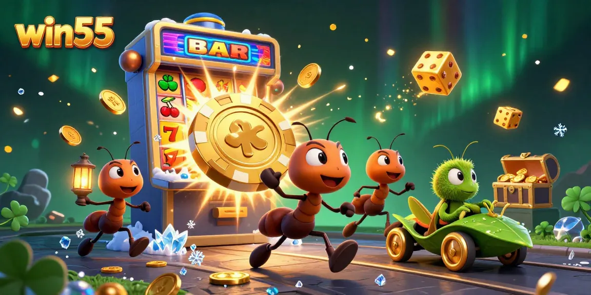 Join the excitement at win55 with ants heisting a giant poker chip in a colorful casino scene.