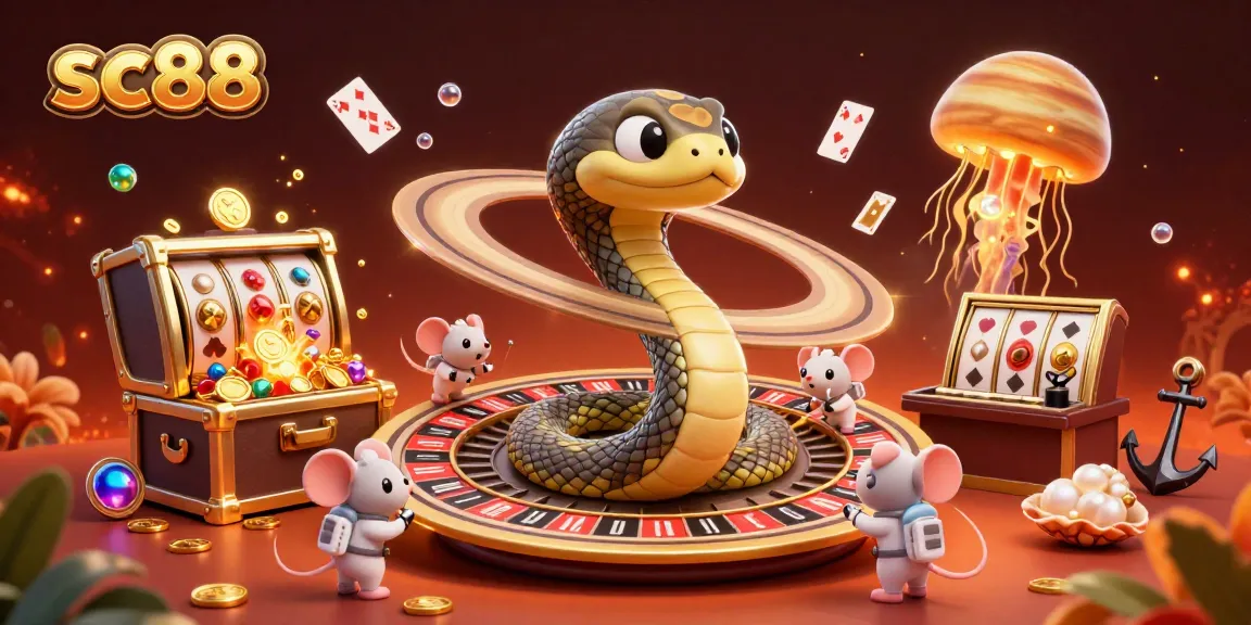 Experience sc88's thrilling gaming world with astronaut mice betting on a roulette wheel in this vibrant illustration.