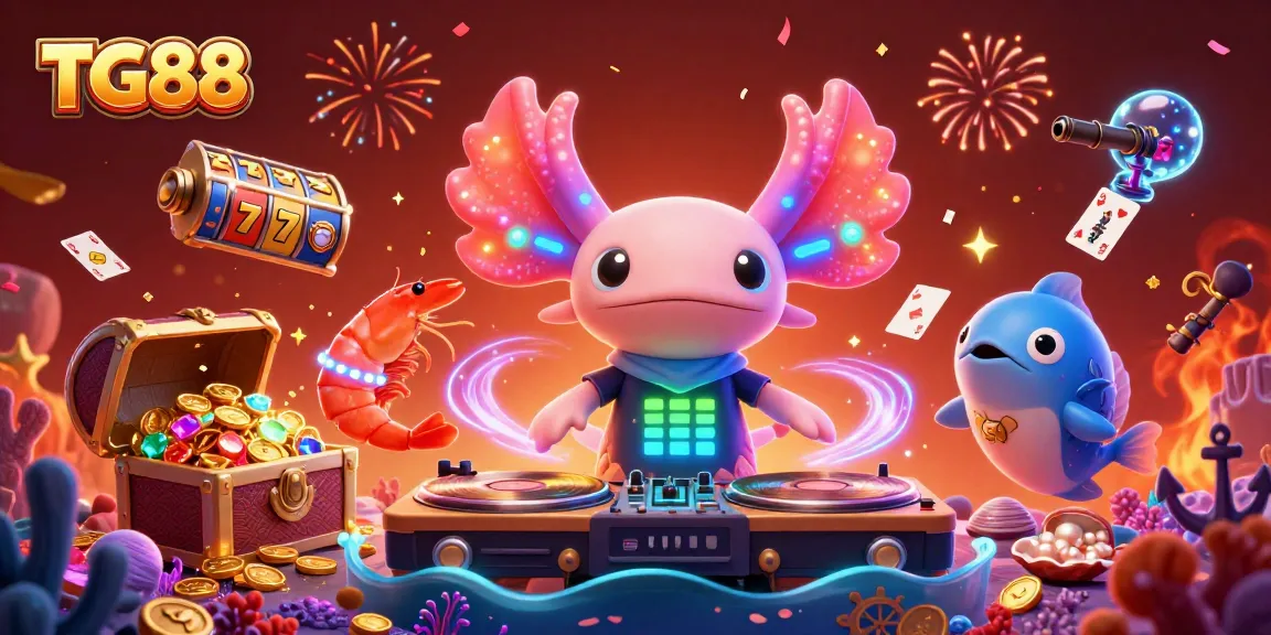 Experience thrilling gameplay at TG88 with vibrant slot reels and a colorful underwater party scene.