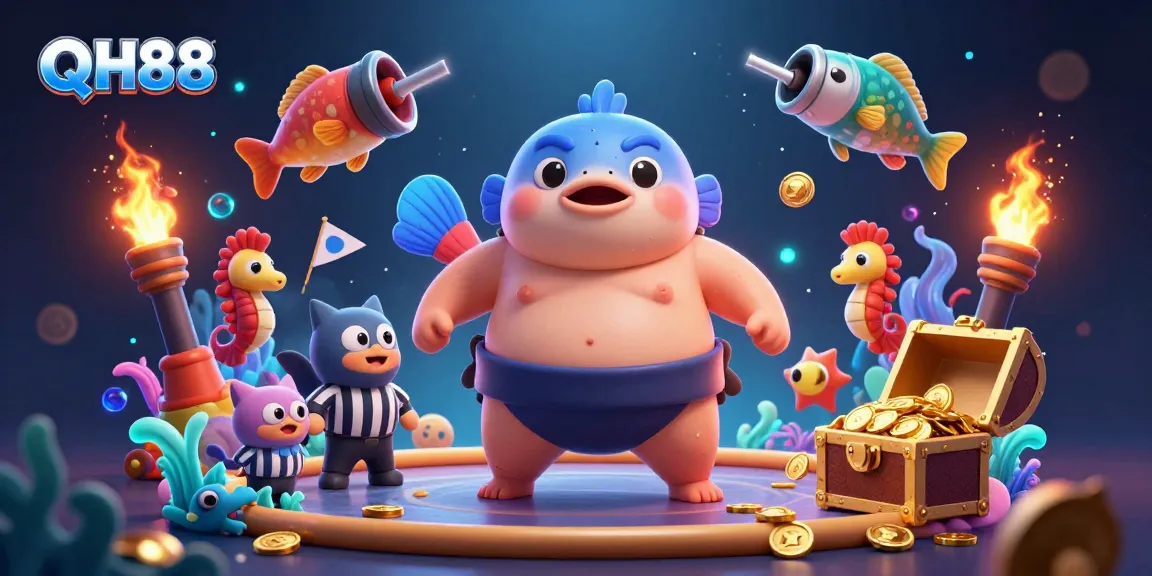QH88 engages players in a lively underwater casino scene with a fugu and entertaining fish shooting game elements.